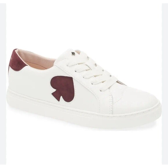 kate spade Shoes - Kate Spade Fez Leather Low Top Sneaker In Optic White & Suede Maroon Sz 11 New